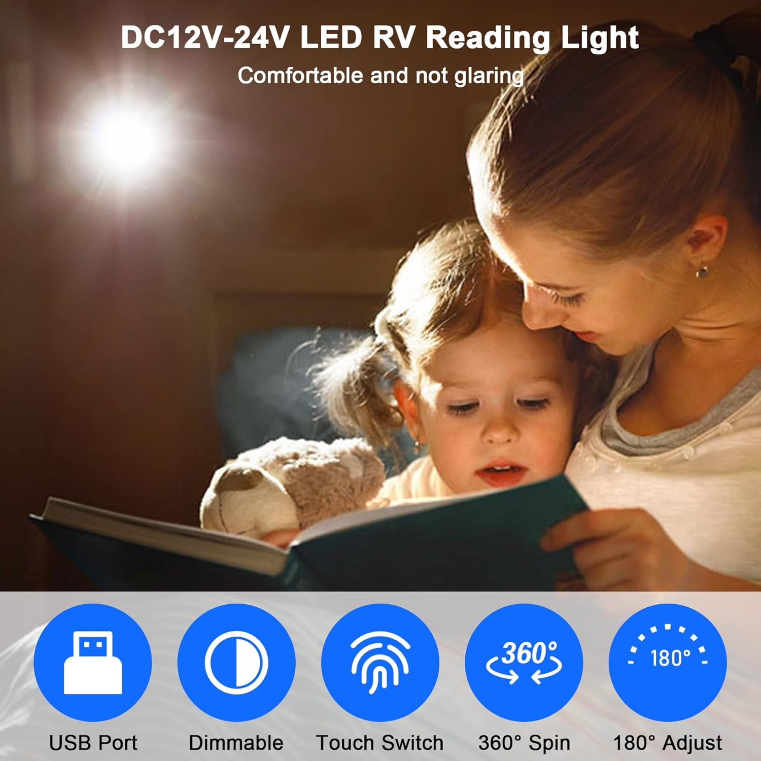 RV Reading Lights LED 12V Fixtures with USB Port Dimmable RV Reading Light for Camper, Van, Boat and Motorhome Adjustable Touch Control Warm White Lights 2Pack (A) image number 2