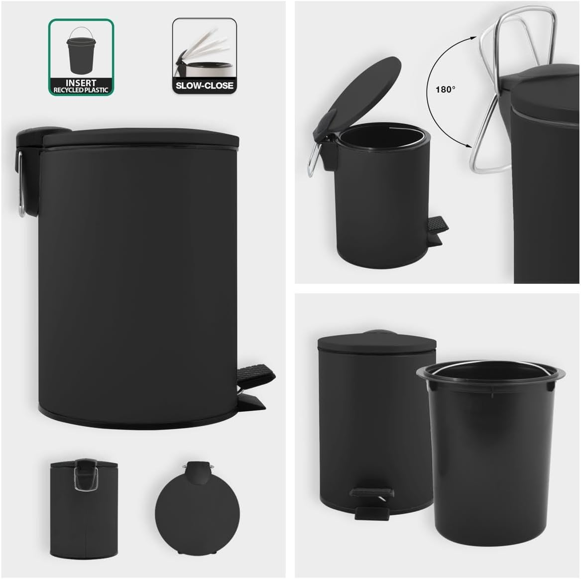 Spirella Adelar Cosmetic Bin 3 Litres Stainless Steel with Soft-Close Mechanism and Inner Bucket Bathroom Rubbish Bin Soft Close Black - Ice Blue Matt image number 2