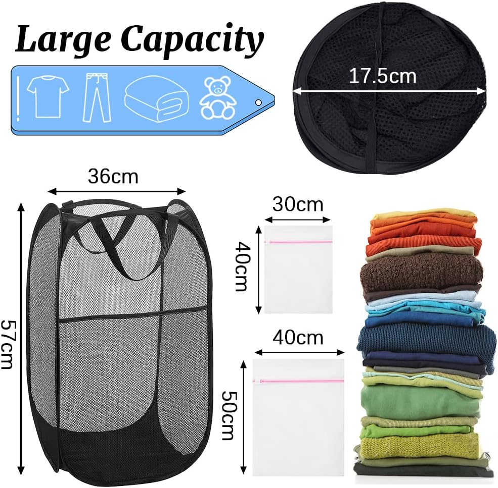 4Pcs Mesh Pop up Laundry Hamper, FHDUSRYO Foldable Pop up Hamper, Collapsible Laundry Basket with Carry Handles, Portable Dirty Clothes Basket with 4 Wash Bags, Mesh Hamper for Dorm Bedroom Travel image number 6