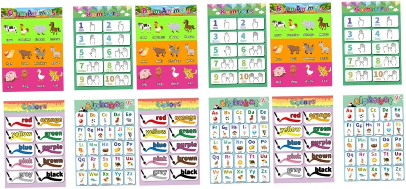 COHEALI Children Early Education Poster Set 4Pcs Preschool Educational Wall Charts for Toddlers Including Alphabet Numbers Farm Animals Waterproof and Reusable 15.7X11In