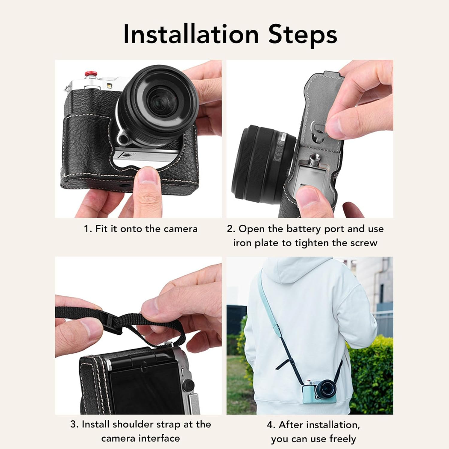 X-M5 Leather Half Case, Black Protective Half Camera Case for Fuji X-M5, with Shoulder Strap image number 3