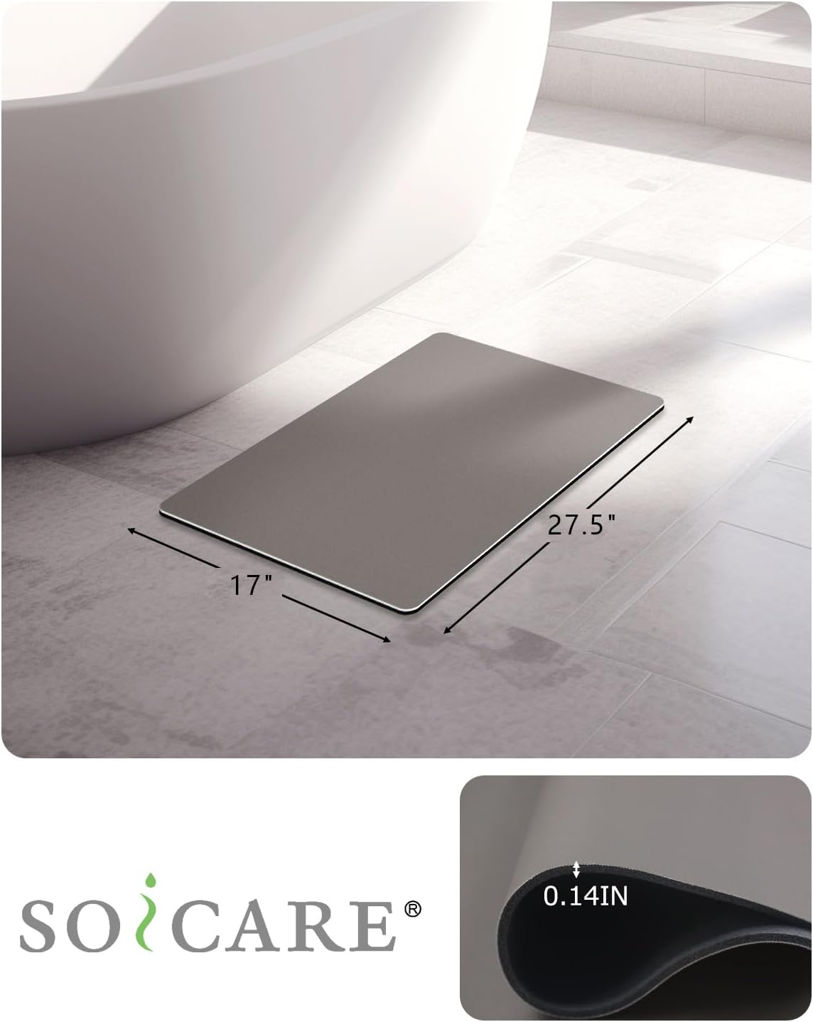 SOICARE Super Absorbent Thin Bathroom Rug, Quick Drying Bath Rugs Mats, Rubber Non-Slip Shower Rug, Washable Bathroom Floor Rug, Rugs for Bathroom, Bathtub, Shower and Sink (17"X27.5", Gray) image number 4