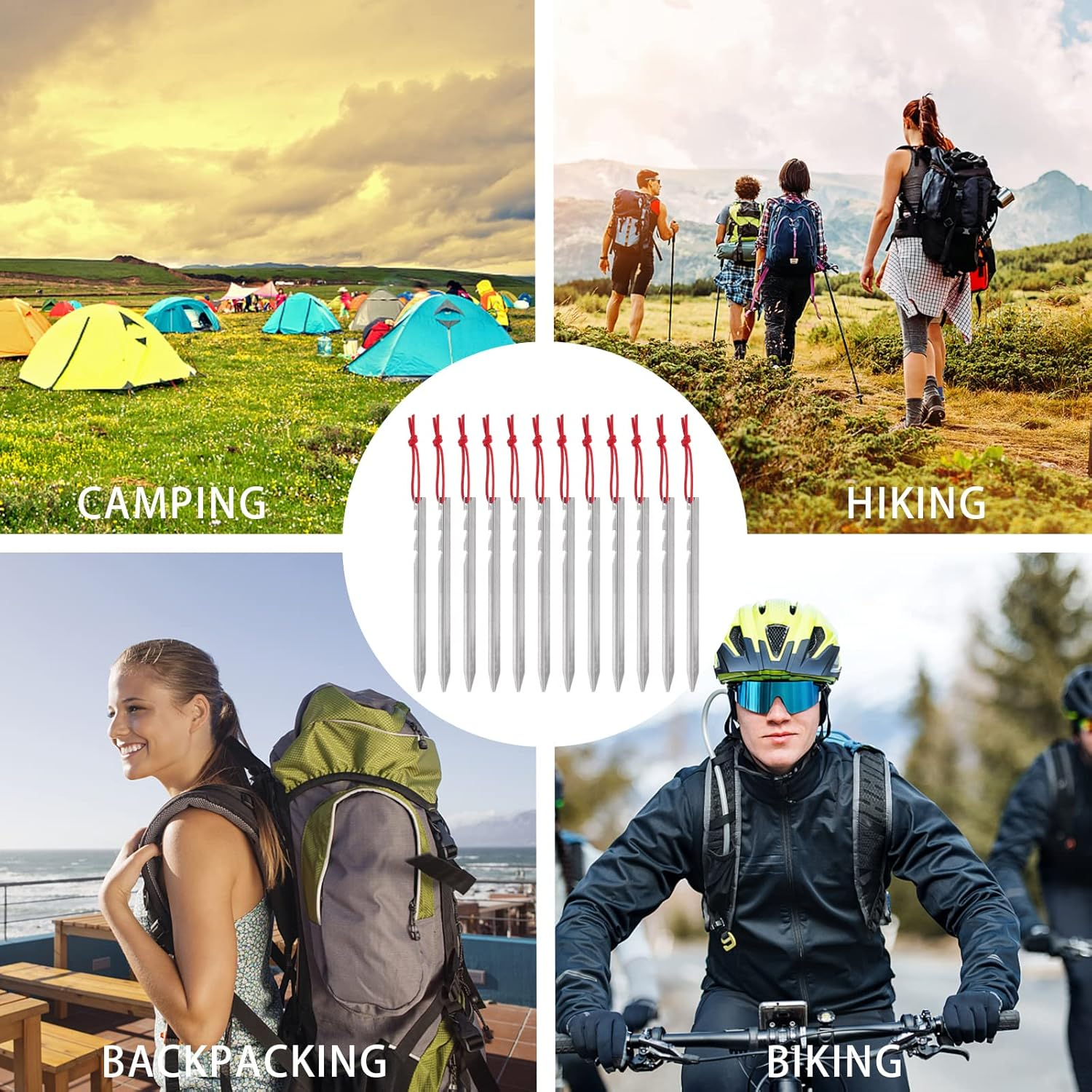 12 Pieces Tent Pegs, Triangular Sawtooth Heavy Duty Tent Pegs Aluminium Alloy Red Camping Tent Stake Nail with Reflective Rope for Camping, Outdoor, Beach, and Hiking, Silver (PGUK043K-18-N) image number 5