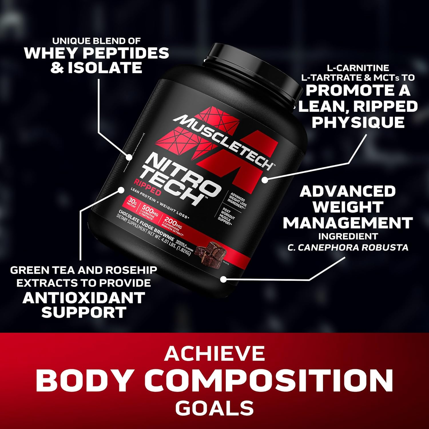 Muscletech Nitro Tech Ripped Whey Protein Isolate Weight Loss Formula, Chocolate Fudge Brownie, 4 Pounds image number 5