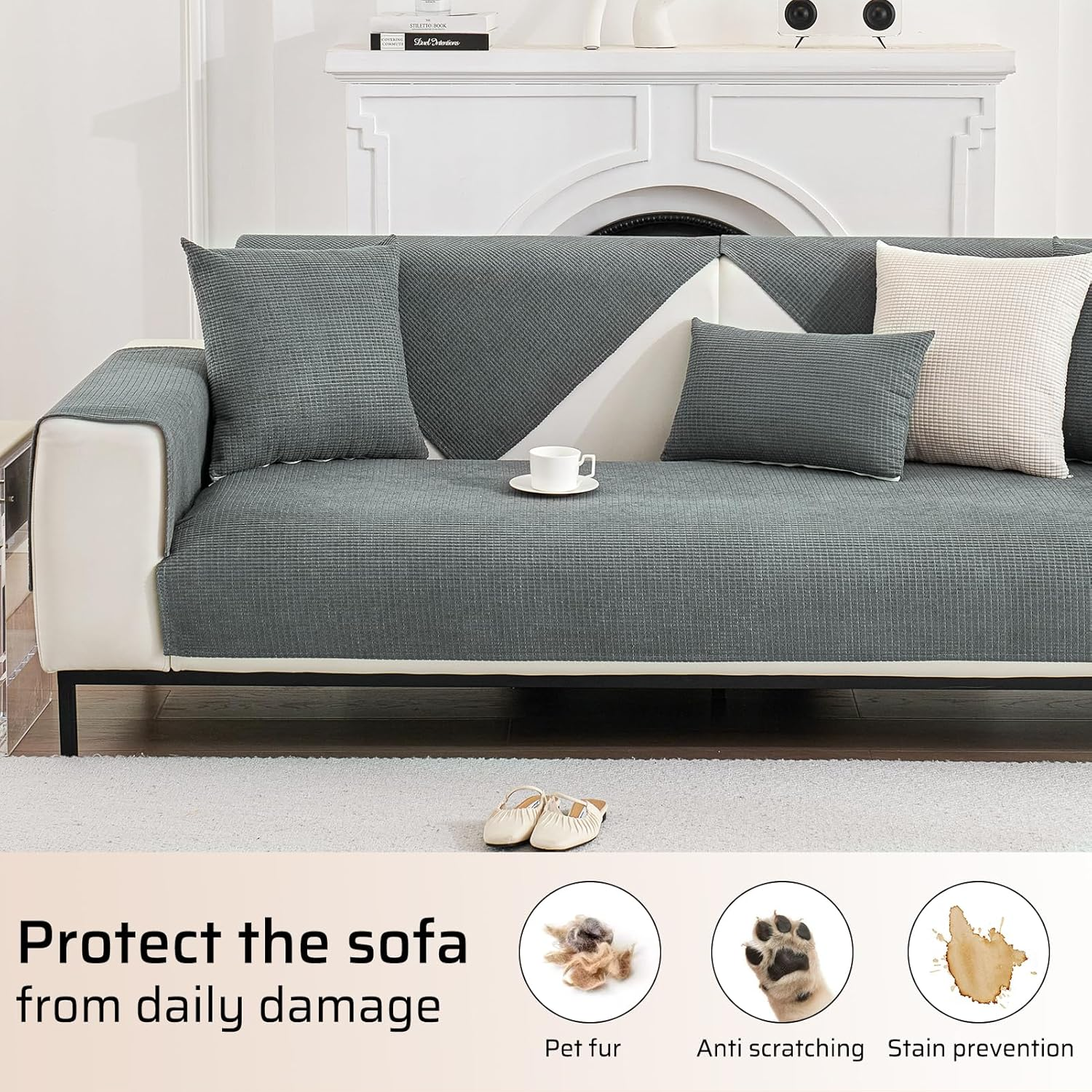 Anti-Scratch Couch Cover, Waterproof Sectional Couch Slipcover, Sofa Cover for Pet, Cover for 3 Cushion Couch Jacquard Fabric, Love Seat, Non Slip,Breathable,1 Pc 36''X94'' Size, Grey. image number 2