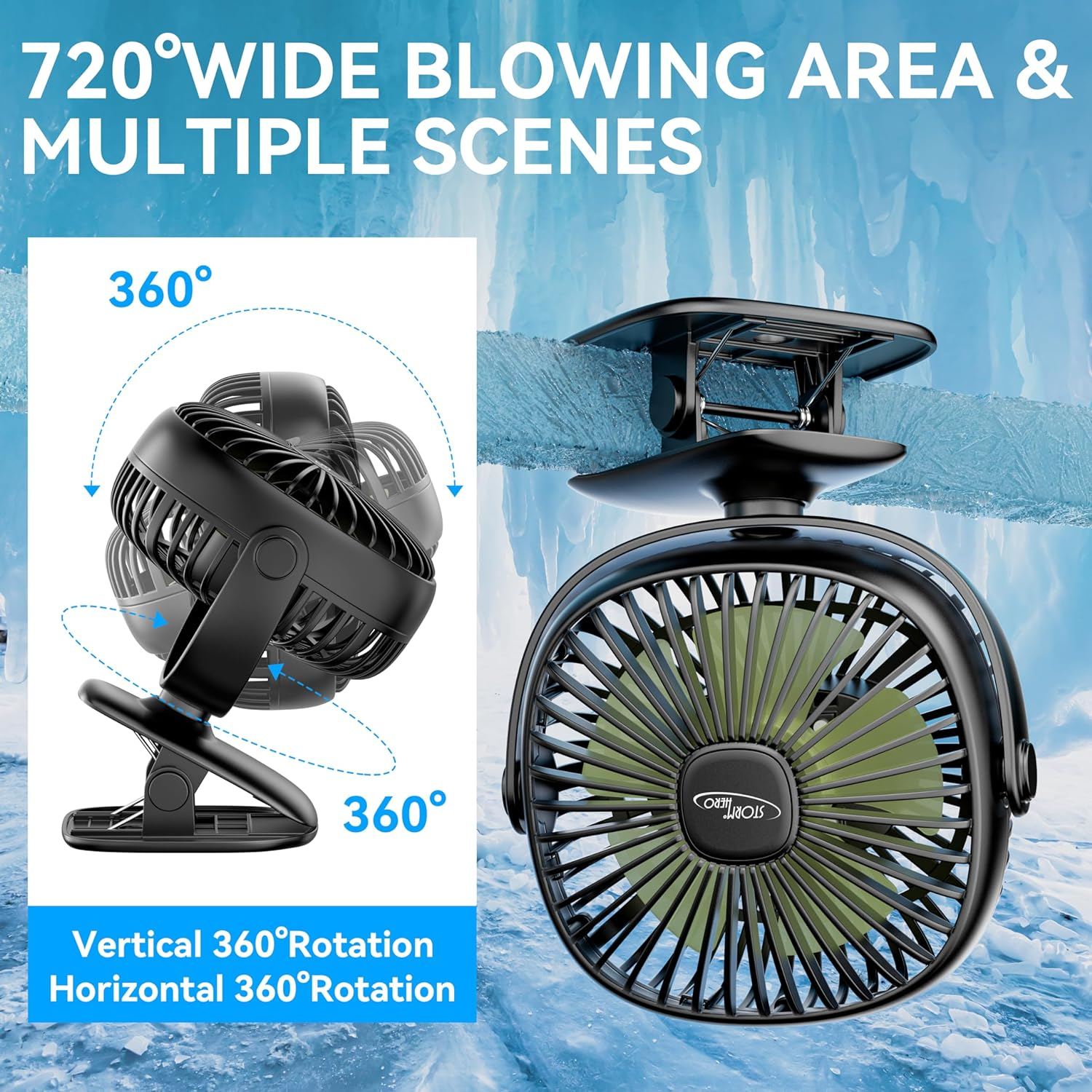 STORMHERO Desk Fan, Clip on Stroller Fan,Rechargeable USB Quiet Personal Fan, Strong Air 3-Speed Portable Fan, Battery Clip Adjustable Fan Bedroom Outdoor Camping Golf Cart Home Office Black image number 2