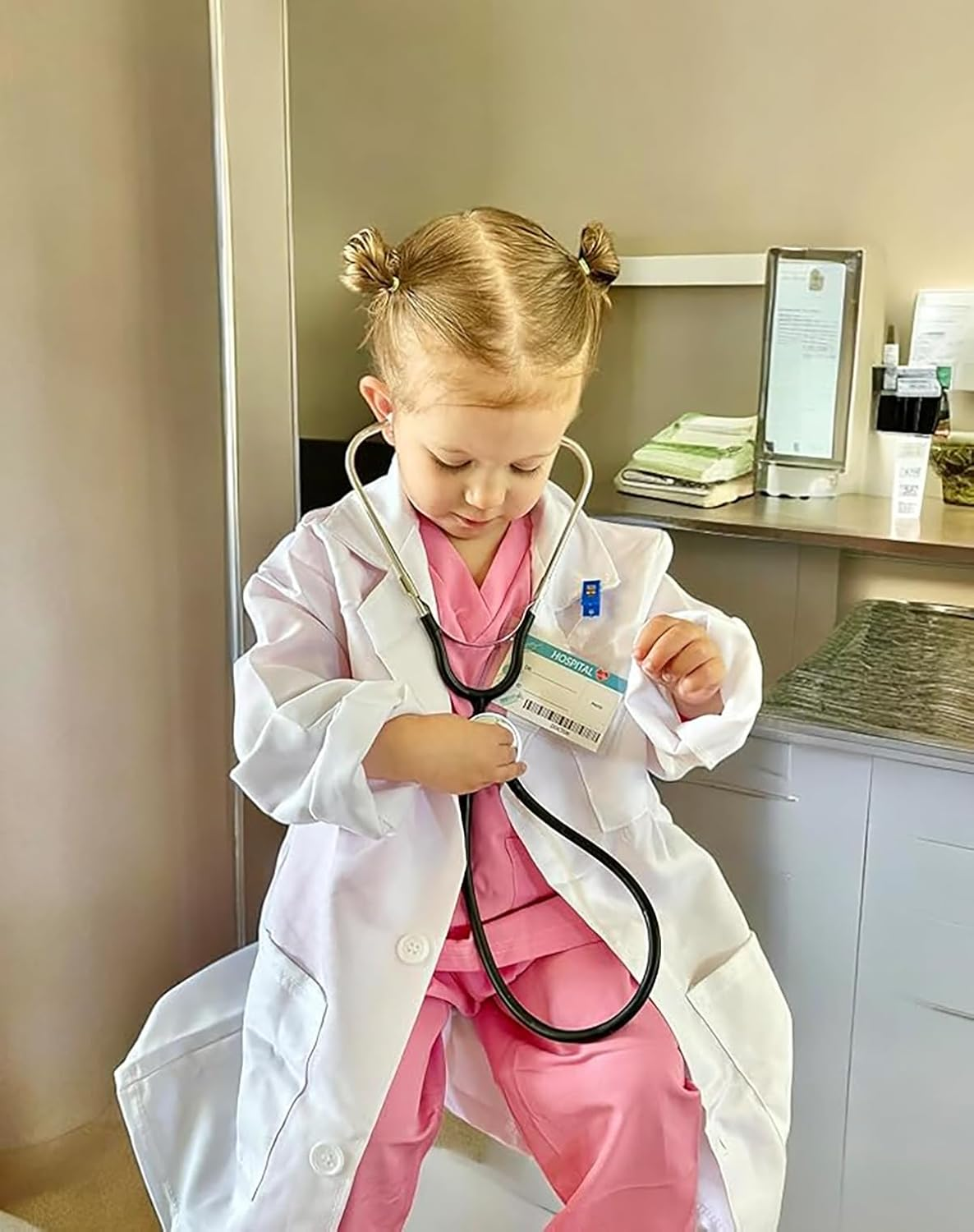 Kids Doctor Costume 7Pcs Kid Lab Coat Doctor Nurse Fancy Dress Costume Set Scrubs with Accessories Halloween Costume for Girls image number 4