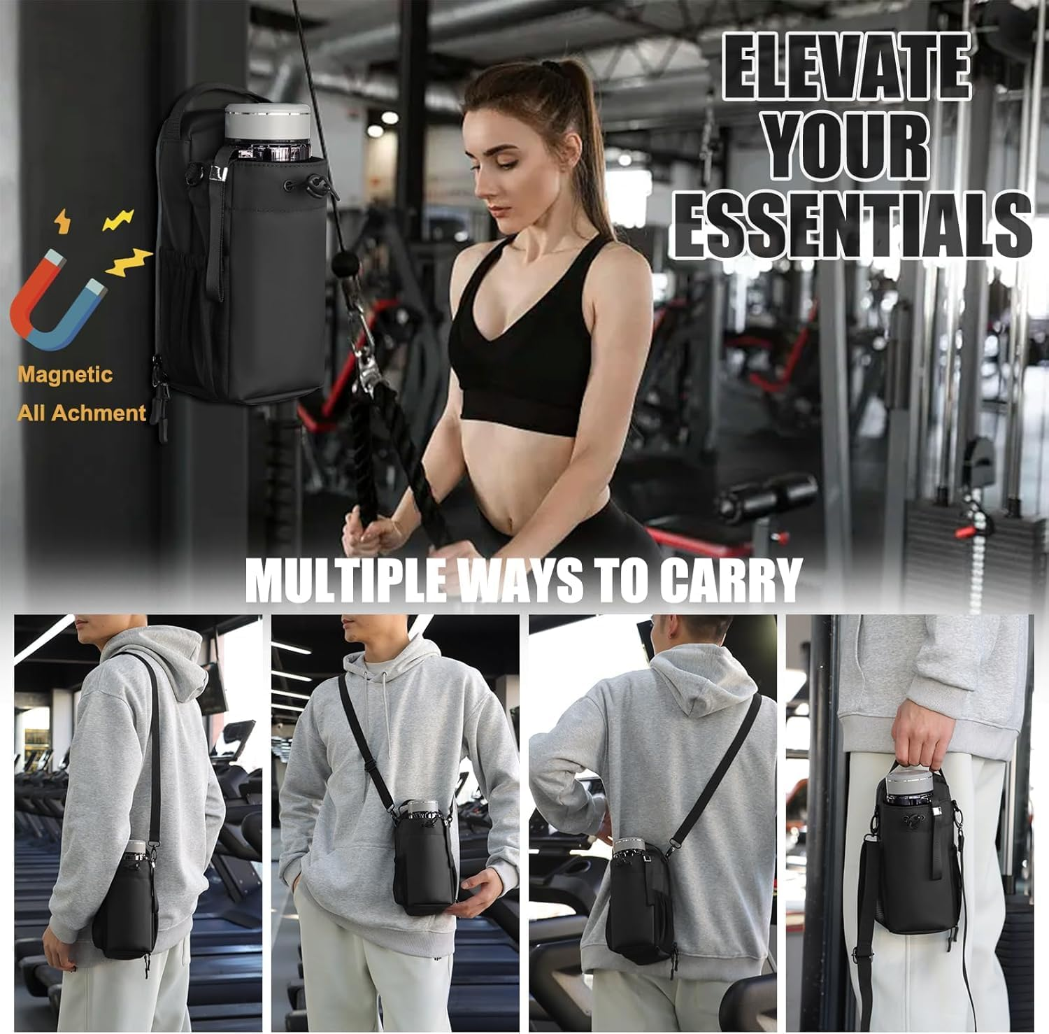 Gym Magnetic Water Bottle Holder Bag with Phone Pockets & Accessories Organizer, Sling Bag with Adjustable Strap for Men/Women, Gym,Work, Trave & Sports, Keep Gear Clean & off Floor (Style 4) image number 4