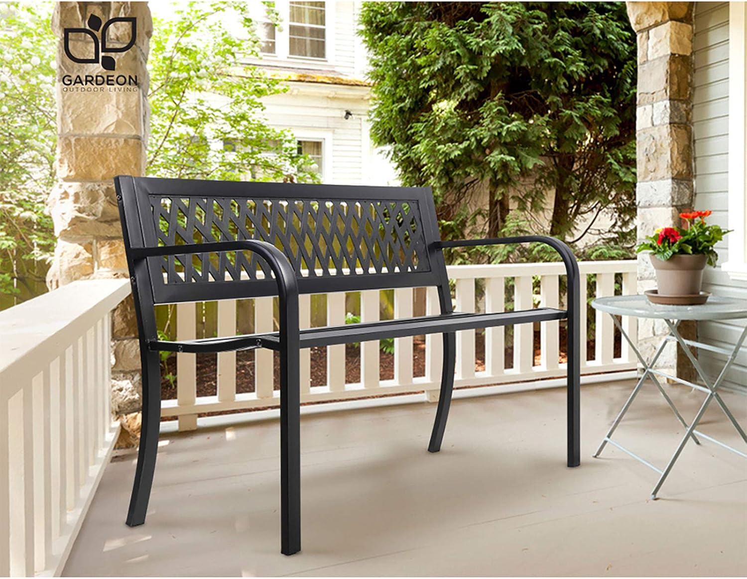 Gardeon Outdoor Garden Bench Seat, 119Cm Length Cast Iron Benches Relax Lounge Chair Dining Chairs Lounger Park Patio Porch Backyard Terrace Balcony Kids Furniture, 2 Seater Water-Repellent Black image number 3