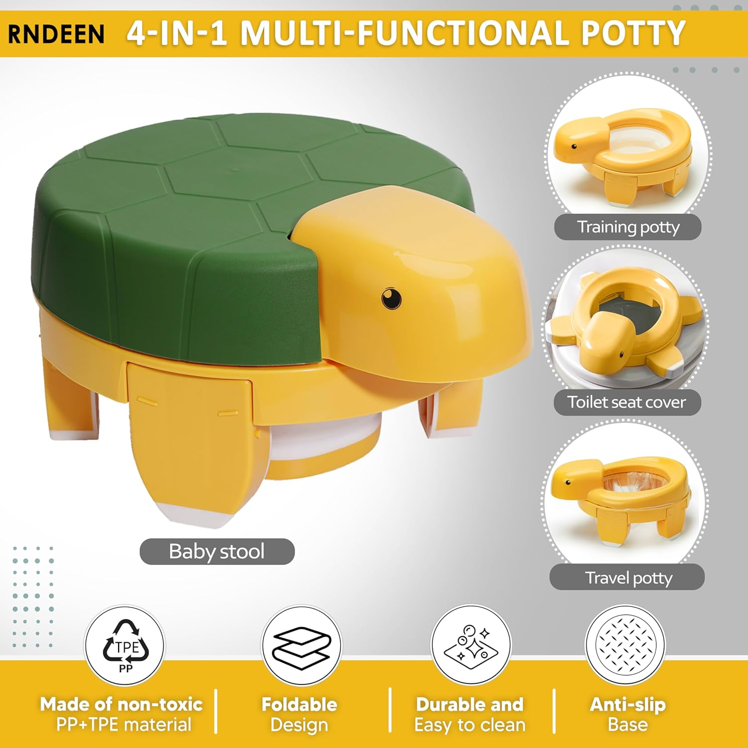 Rndeen 4-In-1 Training Toilet for Baby & Toddlers 0-48 Months Foldable Portable Travel Potty Seat Disposable Bags Cute Turtle Potty Easy Clean Easy Carry Perfect for Home Car On-The-Go Use (Yellow) - Green image number 2