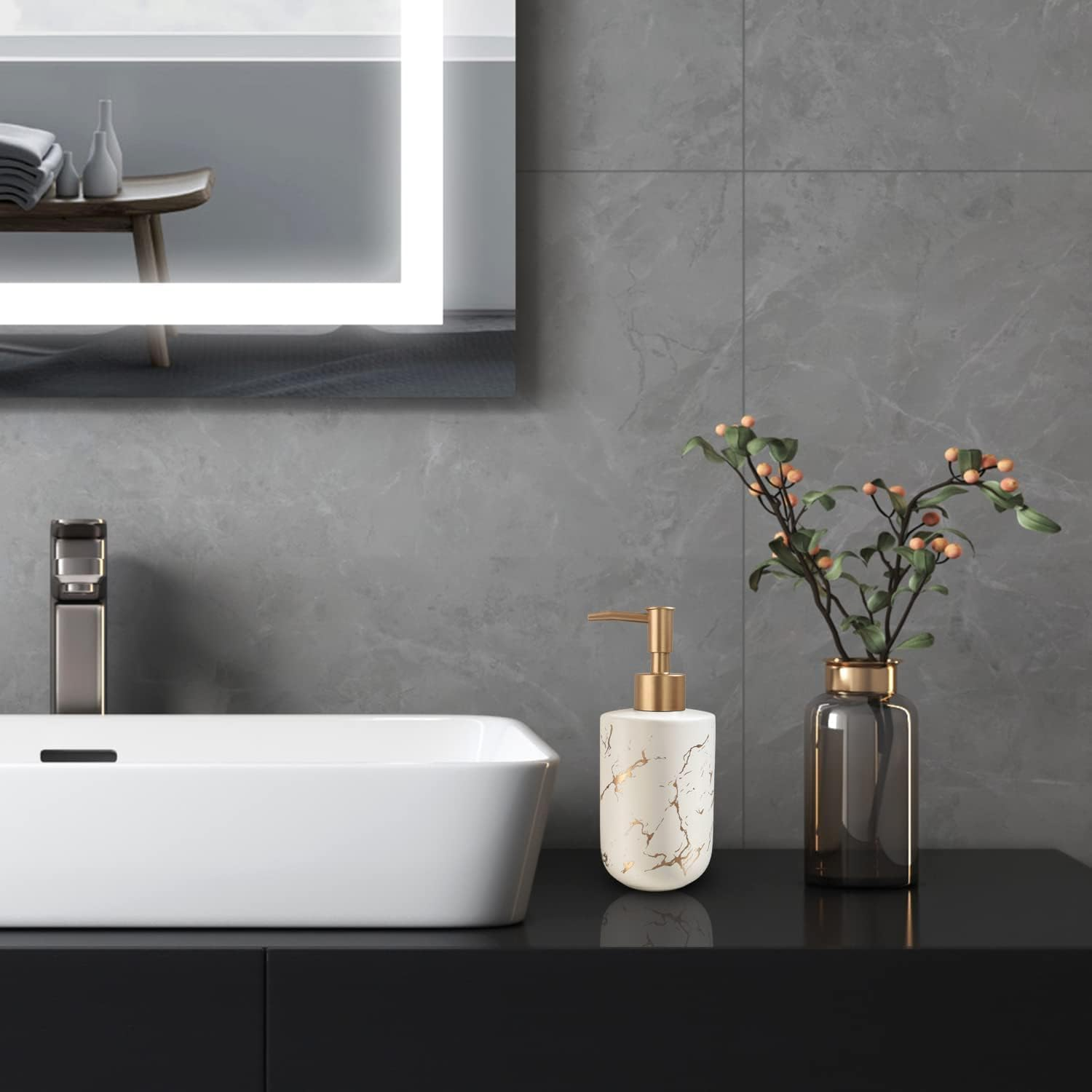 Gold Ceramic Soap Dispenser for Bathroom White Soap Dispenser for Kitchen Dish Soap Dispenser with Marble Pattern Liquid Hand Soap Dispenser Pump Bottle (White) image number 2