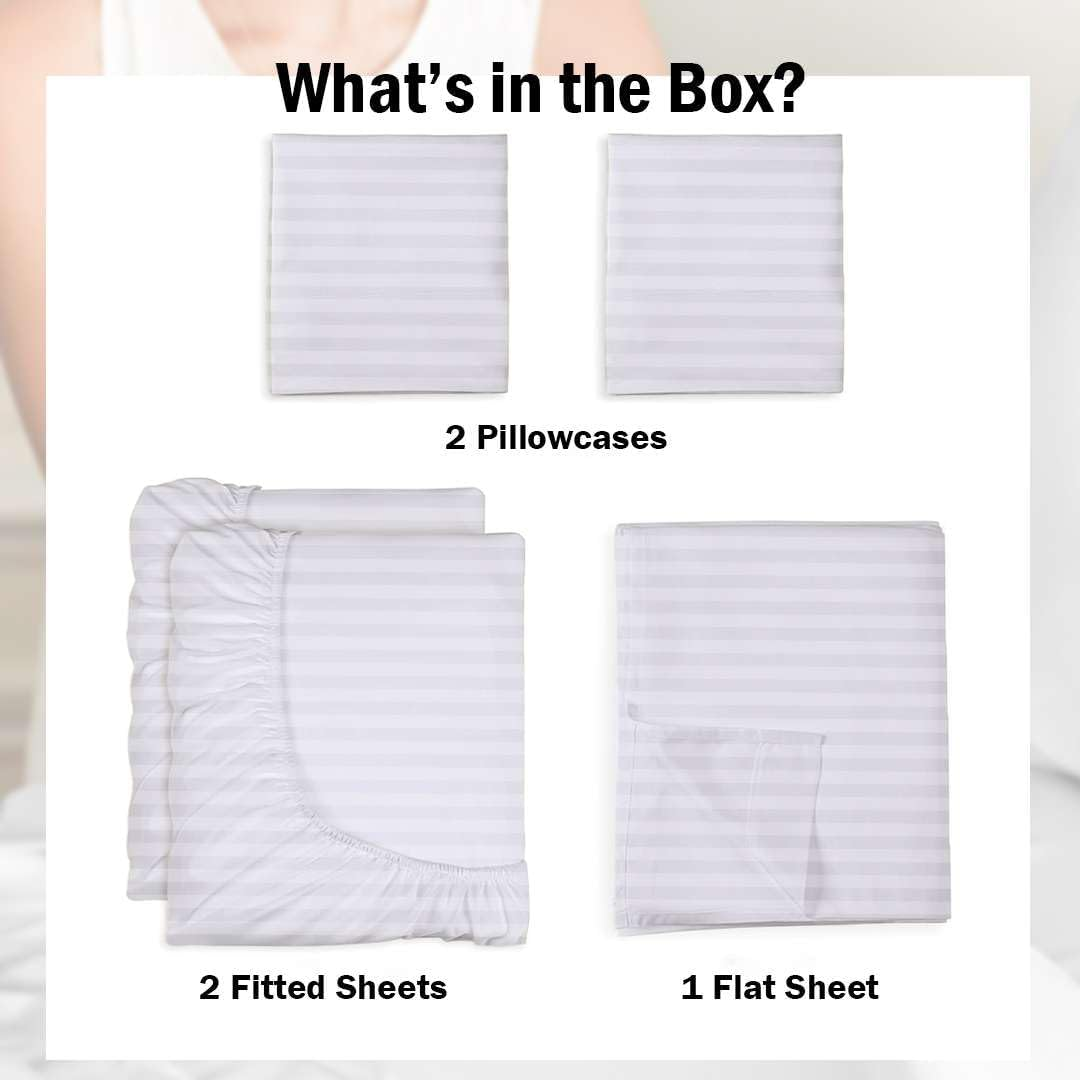 Ready to Rest 100% Egyptian Cotton Split Queen Sheets Sets for Adjustable Bed 5 Piece, Fits Mattress Upto 16" Deep, Hotel Luxury, Ultra Soft, Cooling Bed Sheets, White Stripe image number 2