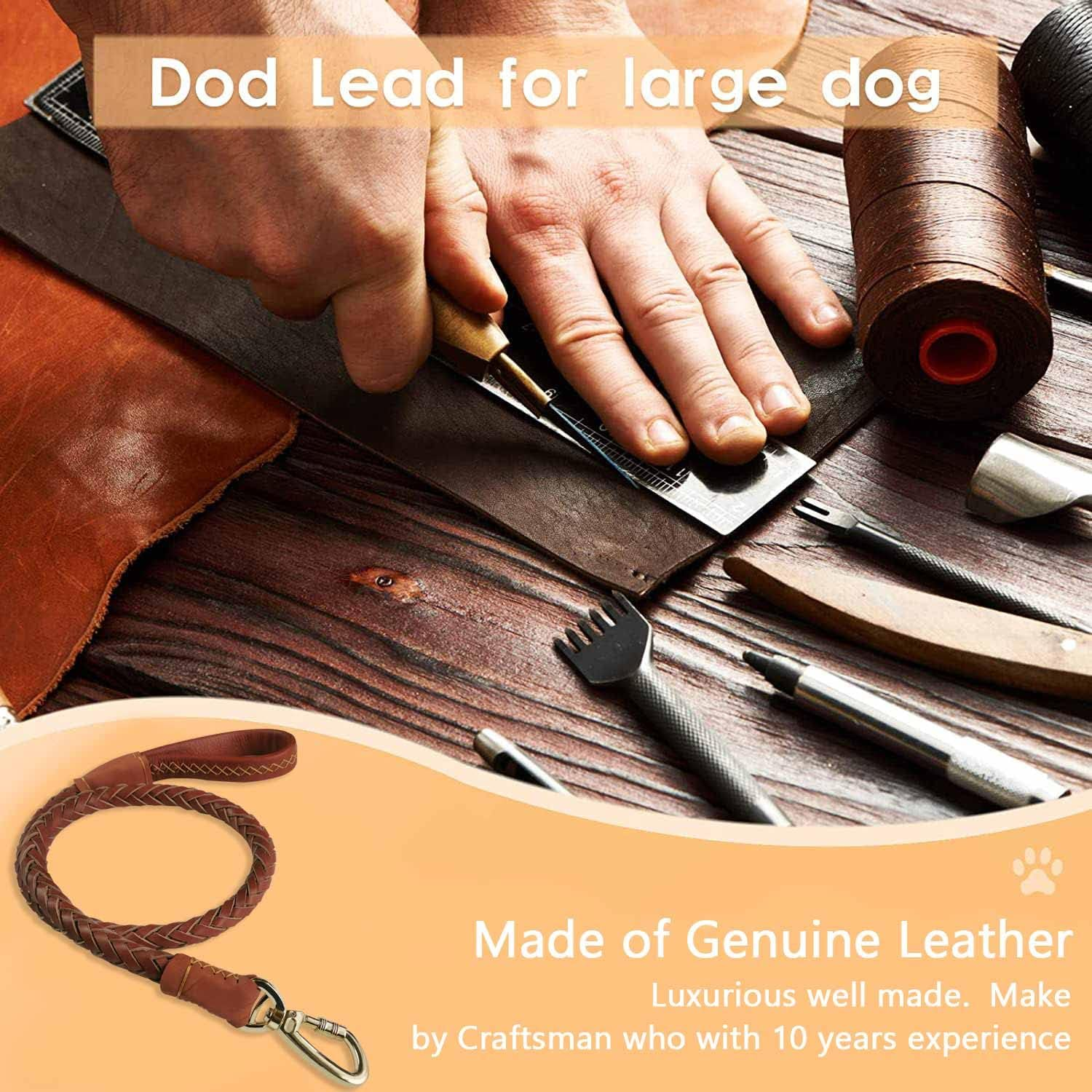 Vivi Bear Braided Genuine Leather Dog Leash 3.6Ft Long Durable Pet Walking Dogs Training Lead for Large Dogs - Brown - 1Inch Wide image number 3