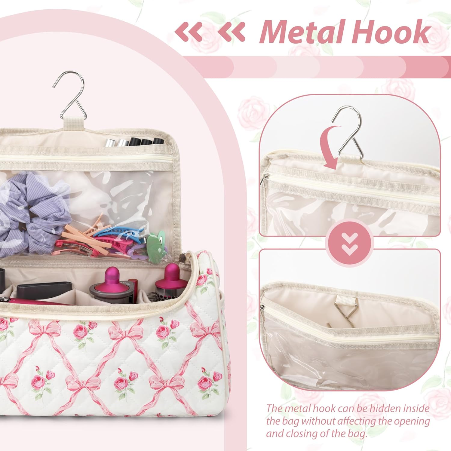 Linpr Travel Case Compatible with Dyson Airwrap & Shark Flex Style, Quilted Travel Hair Dryer Bag with Hook, Portable Hair Tool Organizer for Curling Iron & Accessories, Rose Pink, Modern image number 5