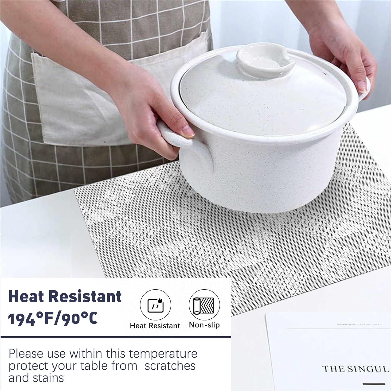 Placemats, Set of 6 Heat Resistant Place Mats, Stain-Proof Non-Slip Wipeable PVC Dining Table Mats, Dining Table Placemats for Easter Thanksgiving Christmas New Year Party Home Decor (Silver Diamond)