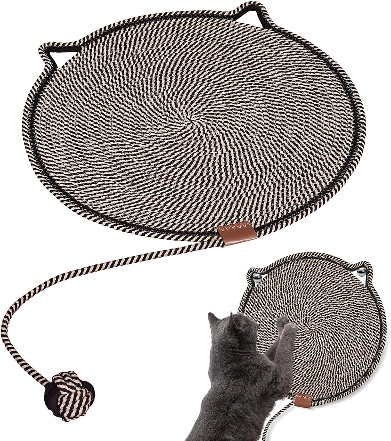 50Cm/19.7In Cat Scratching Mat, Wear-Resistant Waterproof Cotton Rope Cat Scratcher Mat, Cat Shape Cute Cat Scratching Mat for Indoor Cats, Door, Sofa, Carpet and Furniture Protector,Black image number 2