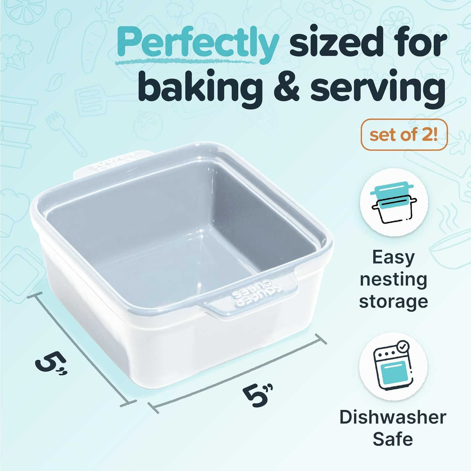 Souper Cubes Stoneware - 5" Square Baking Dish - Ceramic Baking Pan Set - Kitchen Essentials and Bakeware - Set of 2 - White image number 4
