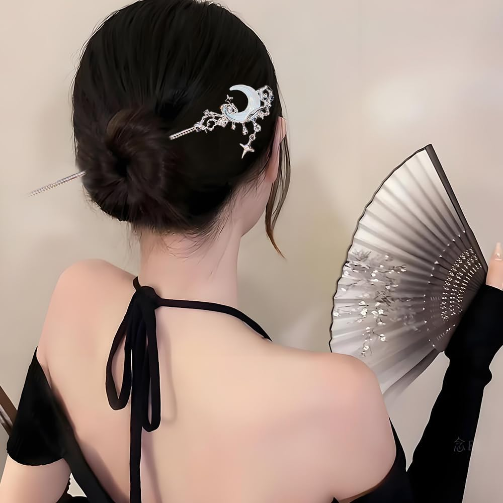 2Pcs Star Moon Hair Sticks for Buns Long Hair Metal Silver Hair Stick Pin Hair Chopsticks for Women Chinese Hairpin Hair Pin Vintage Hair Pins Hair Chopstick Hairstick Hair Accessories for Gifts image number 1