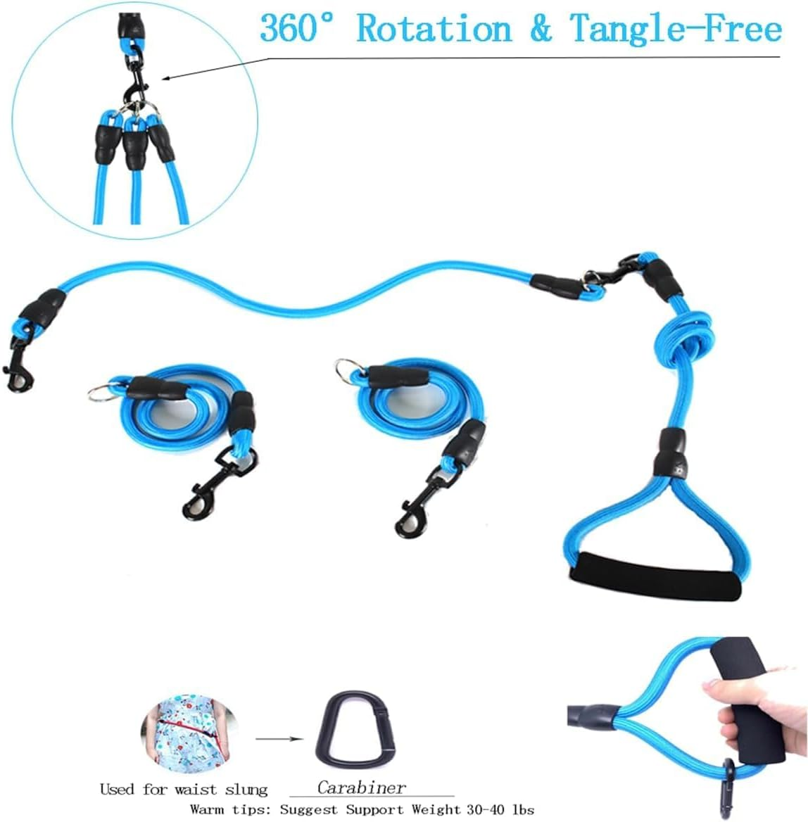 3 in 1 Durable Nylon Dog Leash with Padded Handle, 360&deg; Swivel No Tangle Climbing Rope Removable Pet Traction Rope (Blue, S) image number 2