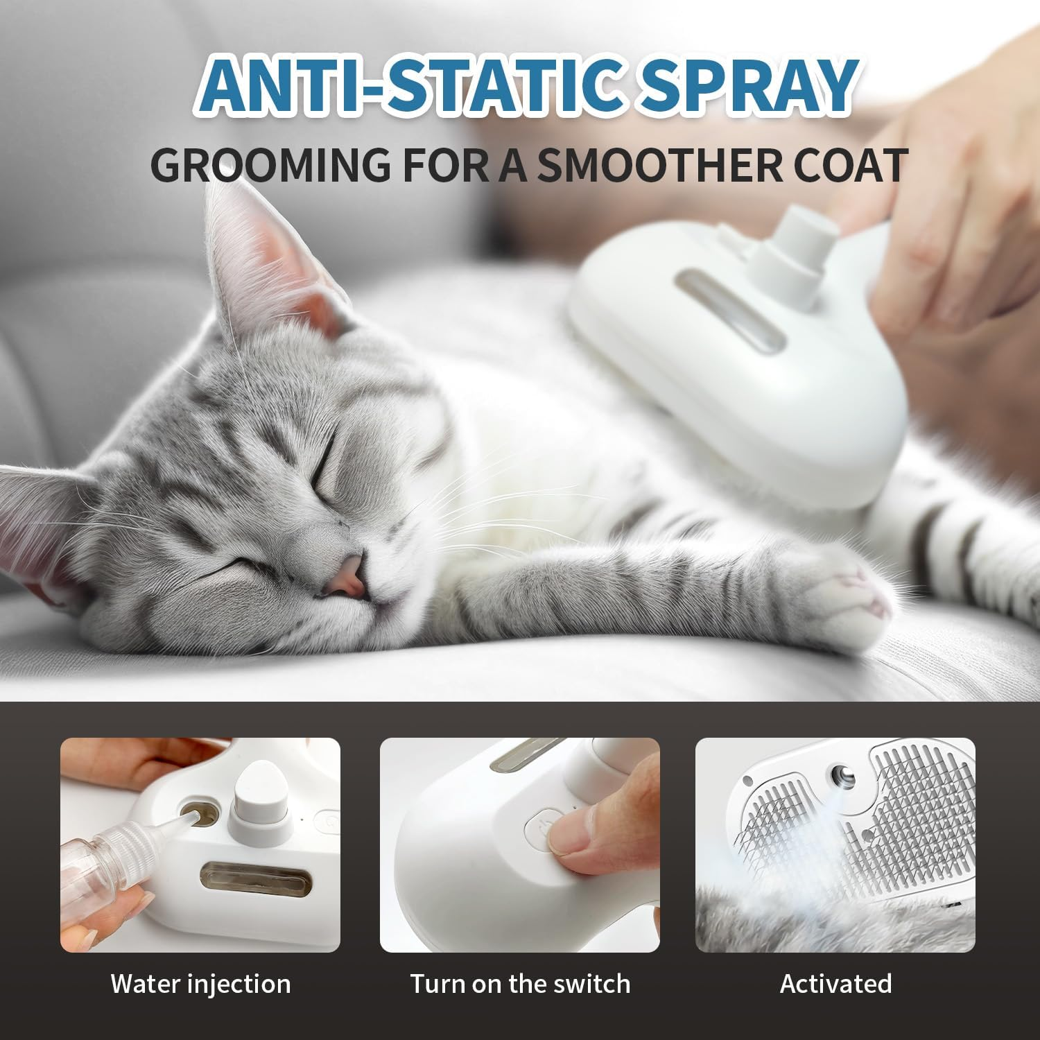 Herokitty Spray Cat Brush for Shedding, Cats Brush Remove Static Flying Hair Self Cleaning Dogs Brush for Long and Short Hair Pets Grooming Brush Remove Tangled Loose Hair Reduce Shedding (White)