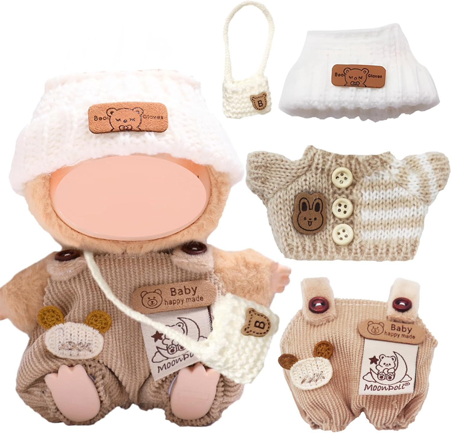 2 X Clothing for 17 Cm Labubu Plush with Pink Bottle Jumpsuit + White Bear Wool Hat + Pink Camera + Hair Accessories with Bow + Chanel Style Jumpsuit for Clothing DIY Children Gifts (Khaki)