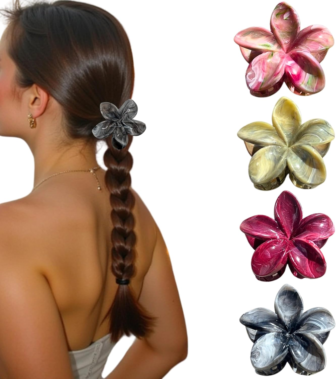 Luvearo 4Pc Nonslip Matte Flower Hair Clips for Women Thick/Thin Hair Accessories for Women Neutral Flower Cute Claw Clips Variety Pack Plumeria Hair Clip