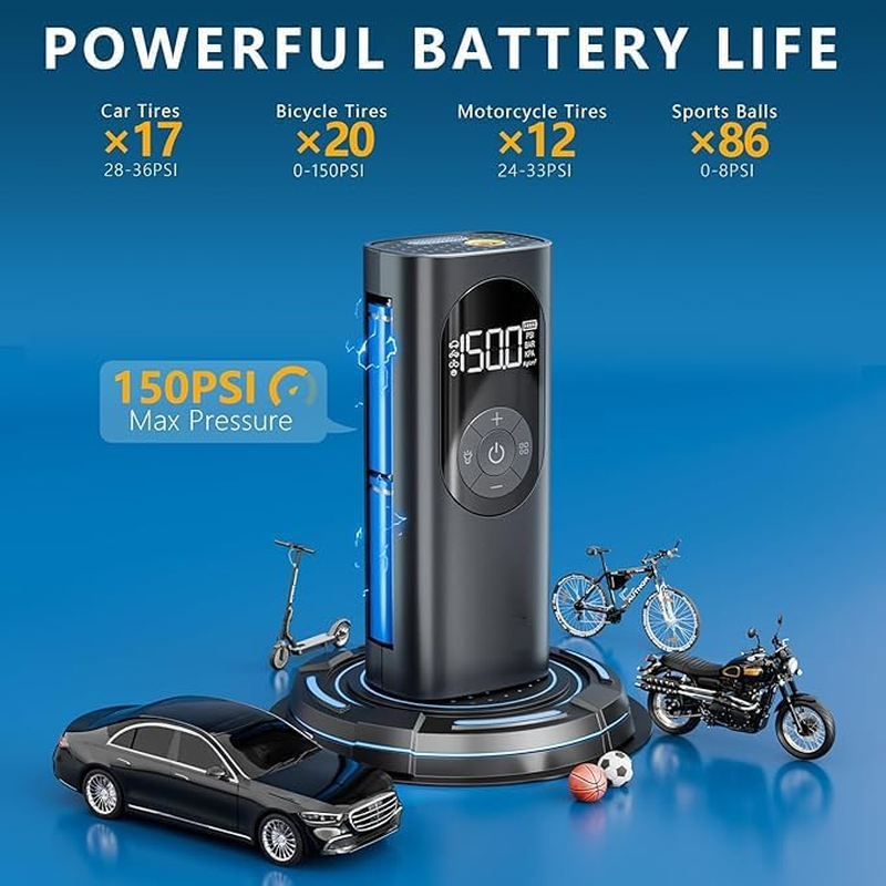 Car Tyre Inflator Air Compressor - Faster Inflation, Cordless Portable Air Pump, 150PSI Electric Tyre Pump with Digital Pressure Gauge & LED Light, Auto Shutoff, for Car, Motorcycle, Bike, Ball image number 6