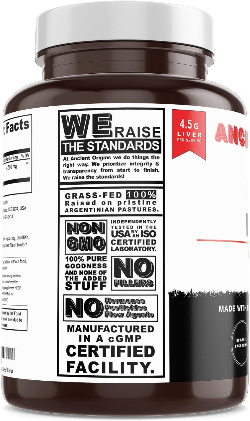 ANCIENT ORIGINS Grass-Fed Beef Liver 4500 Mg (360 Capsules, 750Mg Each) - Desiccated Beef Organ Supplement, 100% Pasture-Raised Cattle, Freeze Dried Undeffated Liver Powder Capsules, 60-Day Supply