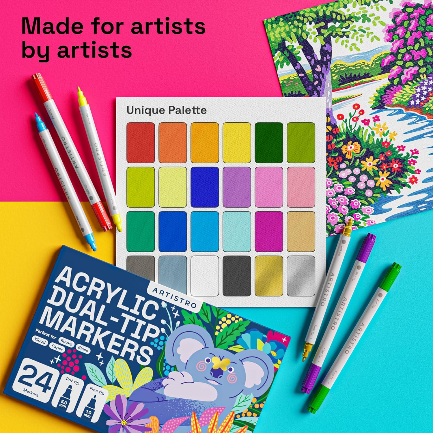 ARTISTRO 24 Colors Acrylic Paint Pens, Dual Tip (Fine 1Mm + Dot 5Mm) for Fabric, Canvas, Rock, Glass, Wood, Paper, DIY, Paint Markers for Kids & Adults image number 5