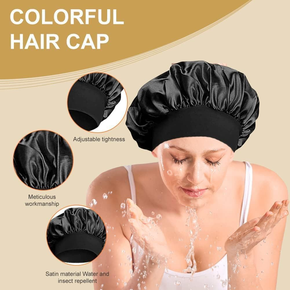 Pack of 2 Satin Hair Caps for Night, Silk Hood for Sleeping with Soft Comfort, Breathable Sleep Cap for Curls and Smooth Hair, Extra Wide Waistband (Black/Silver + 2 Hair Bobbles) image number 1