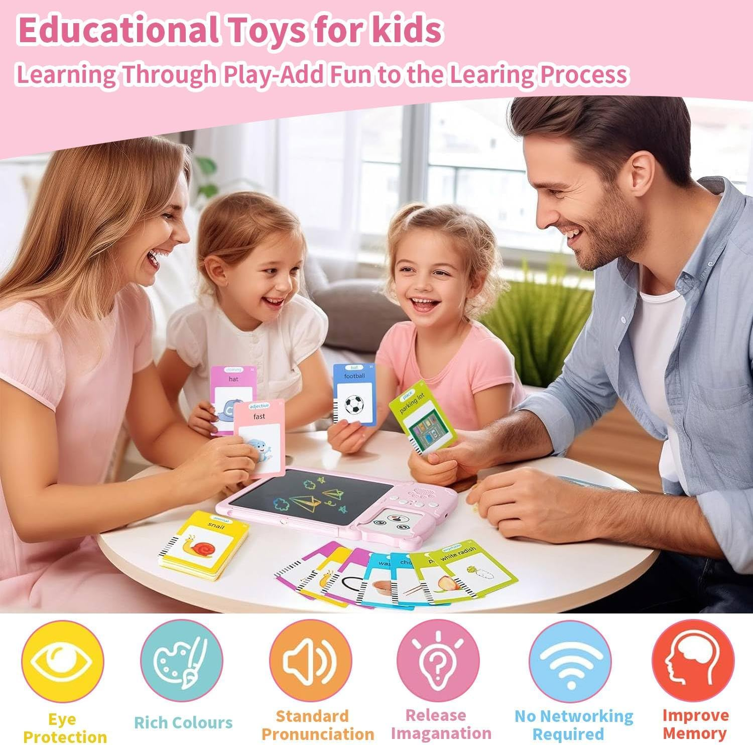 LCD Writing Tablet for Kids, 510 Sight Words Talking Flash Cards, Montessori Toys, Sensory Toys for Autistic Children, Preschool Kids Toys Age 3 4 5 Years Old Boys & Girls Xmars Birthday Gift Pink image number 5