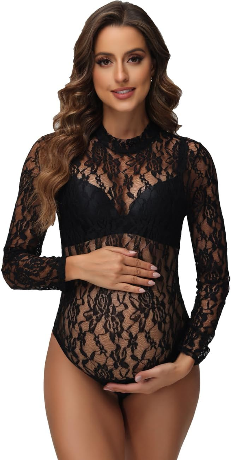 Justvh Women'S Sheer Lace Maternity Bodysuit for Photoshoot Long Sleeve Turtleneck Floral Pregnancy Tops Jumpsuit image number 6