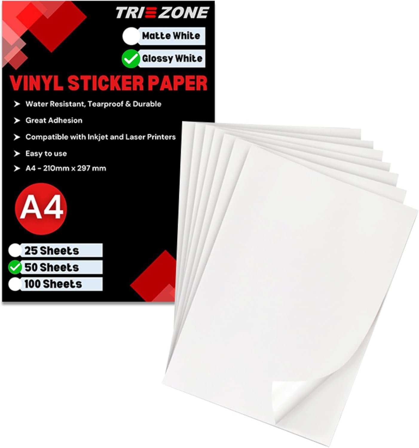 TRI ZONE Printable Vinyl Sticker Paper for Laser or Inkjet Printer, Glossy White, Waterproof, Tear Resistant, Self-Adhesive A4 Sheets, Premium Address Label Stickers, Quick Dry Vivid Colors (25)