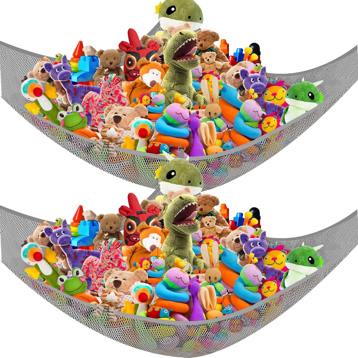 VERONLY 2 Pack Stuffed Animal Toy Storage Net Hammock Corner, Large Kids Toy Holder Hanging Organiser Net for Teddy Bear, Doll, Kids Bedroom, Playroom, Nursery Room (Grey)