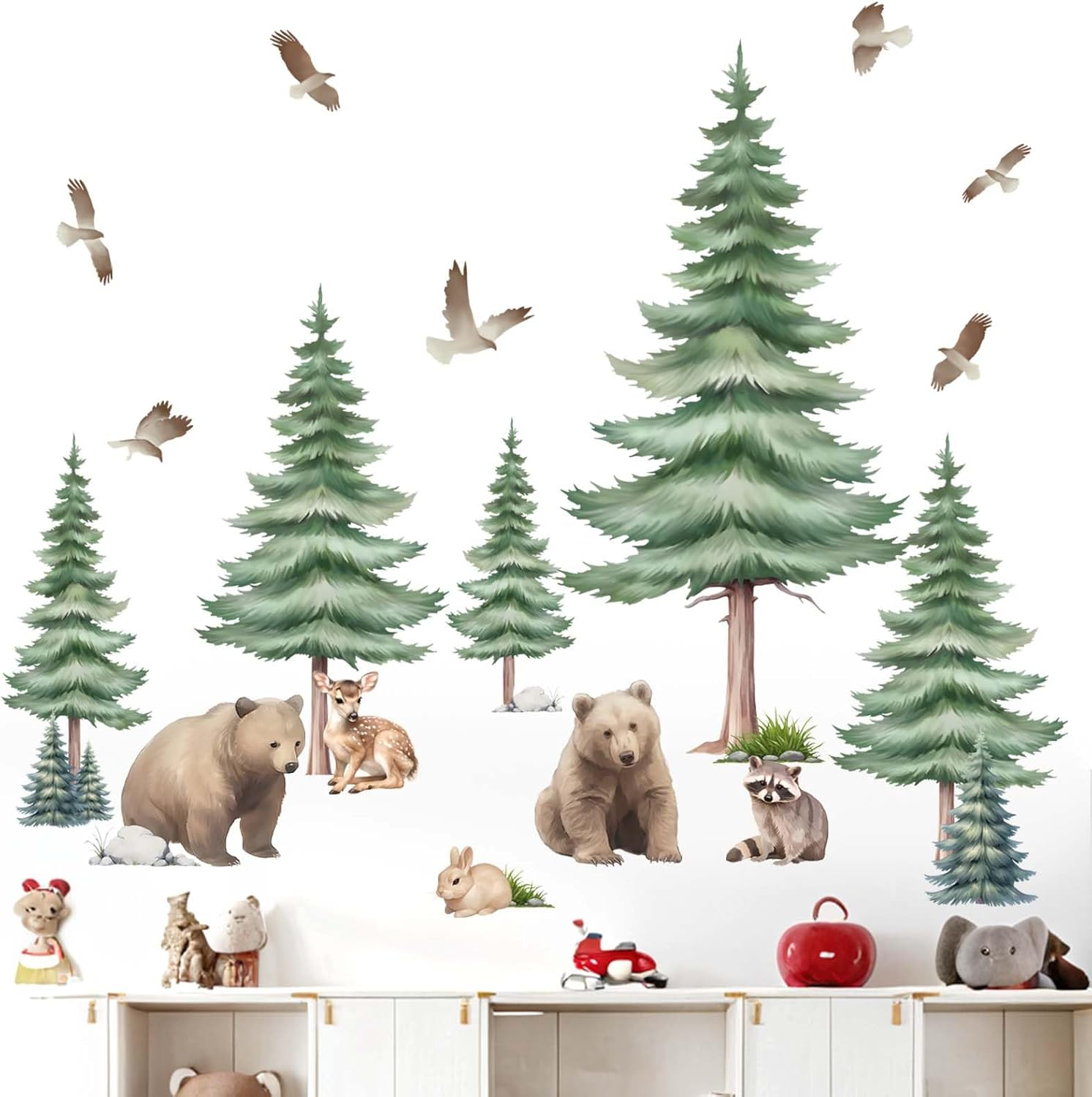 Large Pine Tree Wall Decals - Woodland Animal Bear Wall Stickers - Girls Bedroom Baby Nursery Kids Room Wall Decor image number 3