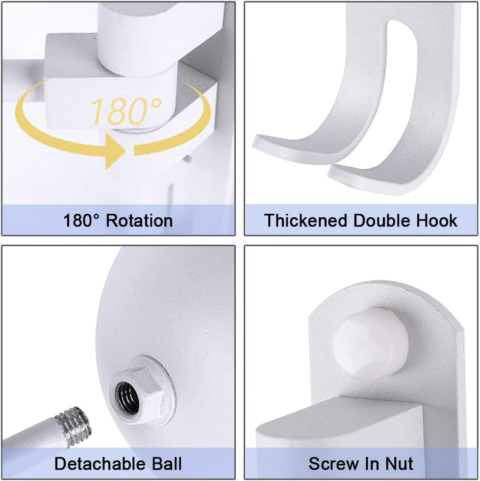 Motorcycle Helmet Rack with 2 Hooks, 180&deg; Rotation Aluminum Alloy Helmet Holder Wall Mount, Helmet Display Rack for Motorcycle Bike Coats, Caps, Baseballs, Rugby Helmet, White image number 2