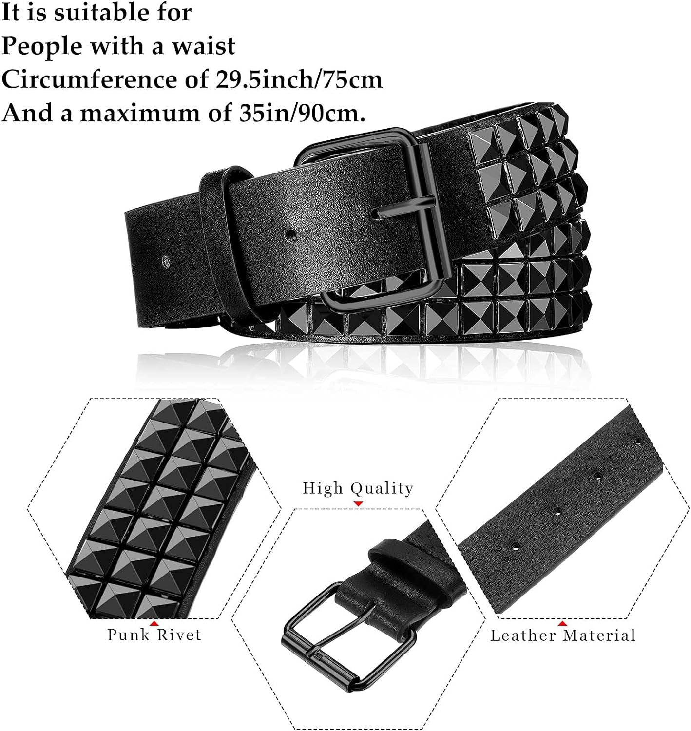 Geyoga Studded Belt Metal Punk Rock Rivet Belt Punk Leather Belt Threads Studded Goth Belt with Pyramid Studs for Women Men image number 6