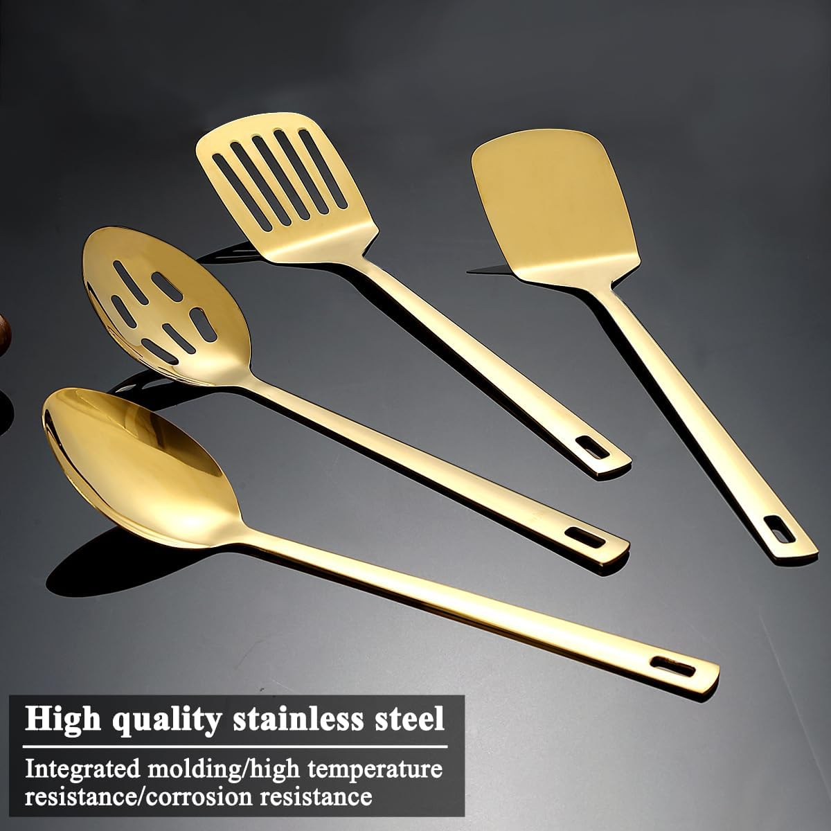 HOMQUEN Gold Kitchenware Set 4Pcs, Titanium Gold Plating Stainless Steel Cookware Set, Kitchen Tools Spatulas Set, Cooking Spoons, Home Essentials Kitchen Gadgets Accessories - 2.Gold image number 4