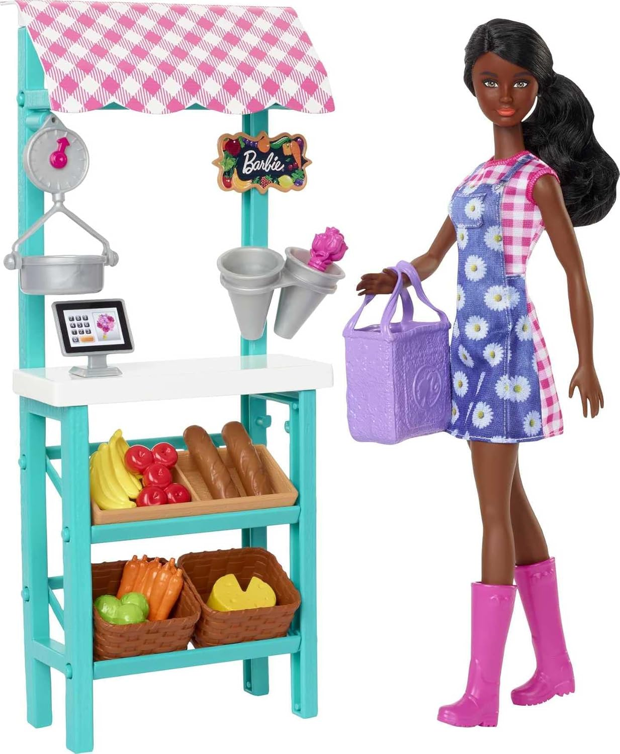 Barbie Farmers Market Playset, Barbie Doll (Blonde), Market Stand, Register, Vegetables, Bread, Cheese & Flowers, Great Gift for Ages 3 Years Old & Up