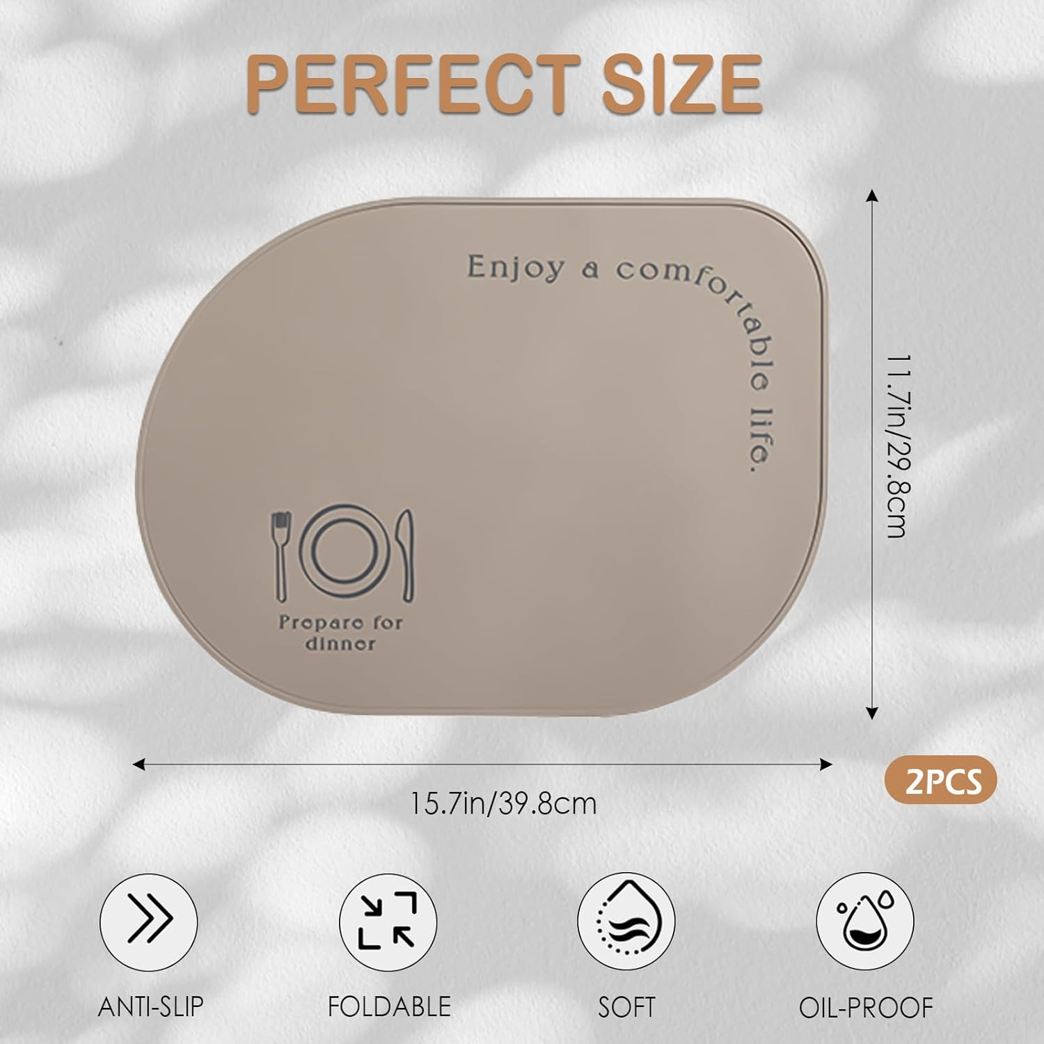 2-Pack Silicone Placemats, Non-Slip, Oil & Water Proof, Heat & Stain Resistant, Easy to Clean, Durable & Versatile (Brown)