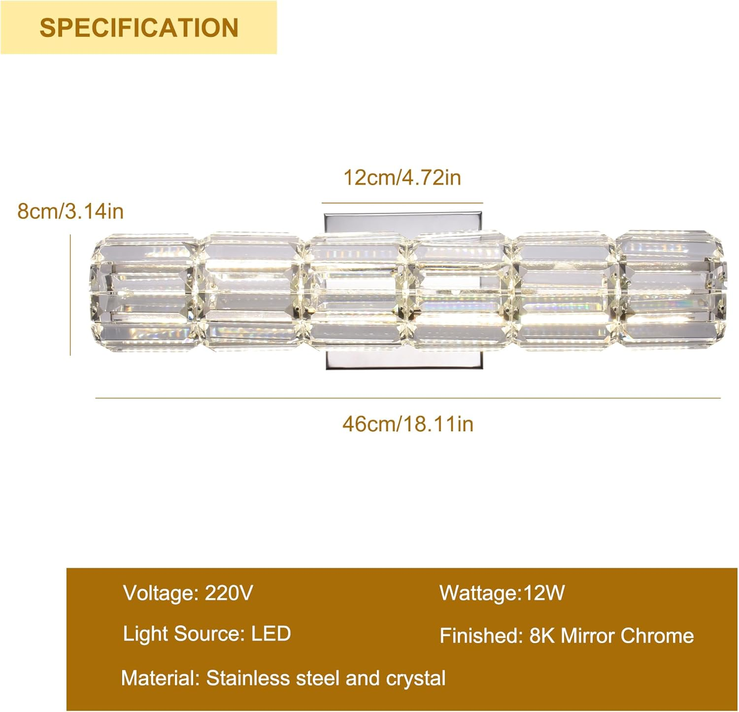Modern LED Crystal Wall Lamps, 12W Vanity Wall Sconces, 46Cm Indoor Luxury Wall Mounted Lighting Fixture, Adjustable Color Temperature Wall Lights for Living Room, Bedroom, Bedside, Bathroom - Gold+Crystal image number 5
