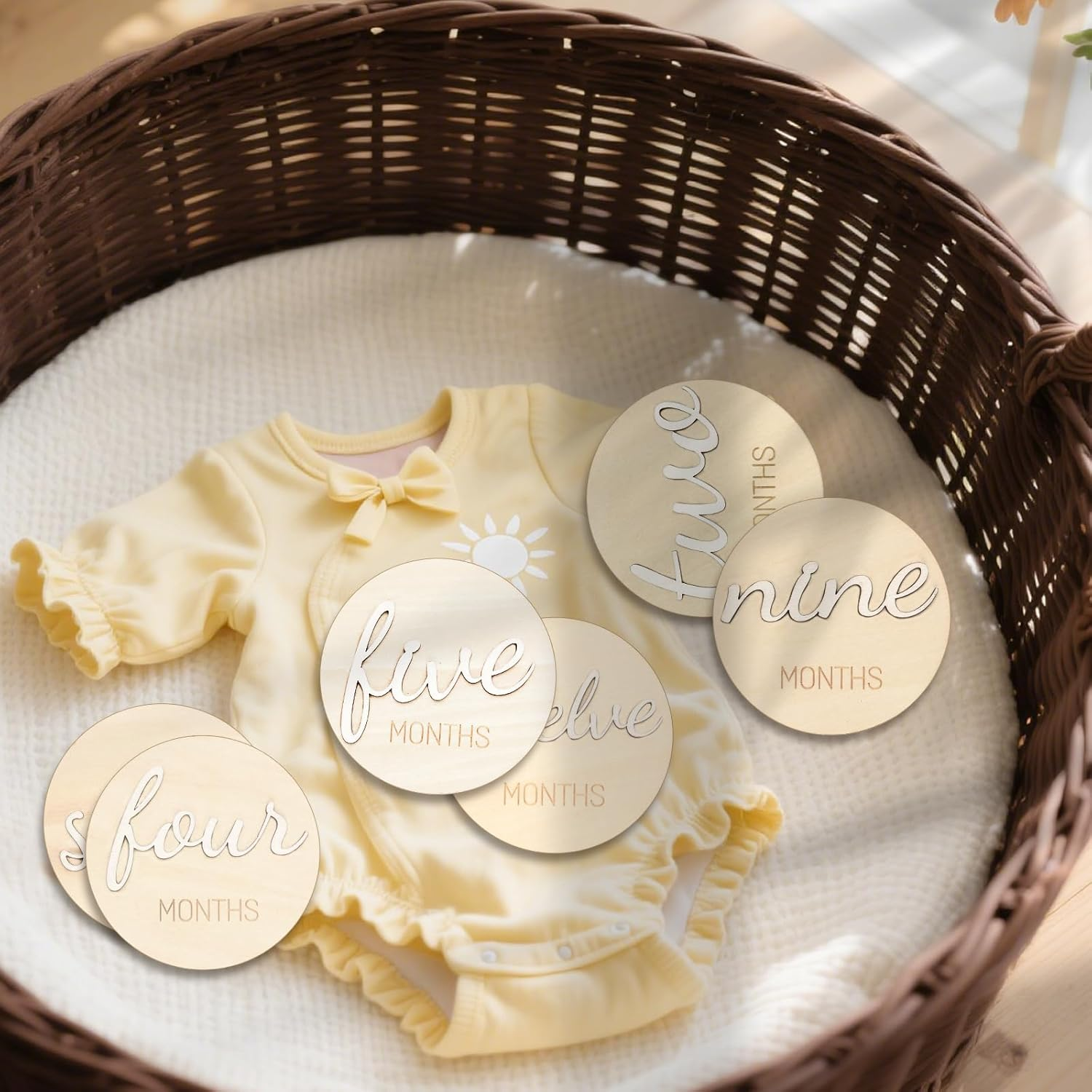 Baby Monthly Milestone Marker Discs - Wooden 3D Double-Sided Baby Announcement Sign, Gender Neutral Announcement Cards for Newborn Boys and Girls 1-12 Months Photography Props image number 6