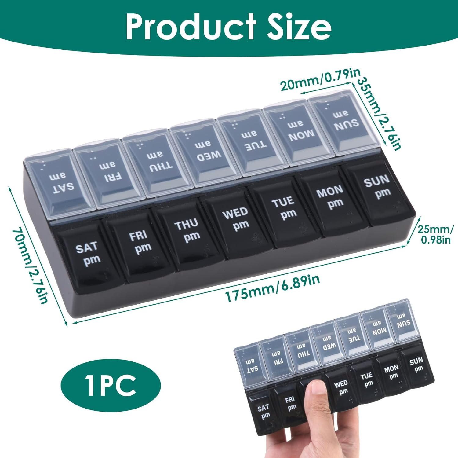 Weekly AM & PM Pill Organizer, Medicine Container 7 Days 2 Times Day and Night for Travel, Tablet Organiser Large for Vitamins Fish-Oil Supplements Capsule Storage with Braille (Black & White) image number 6