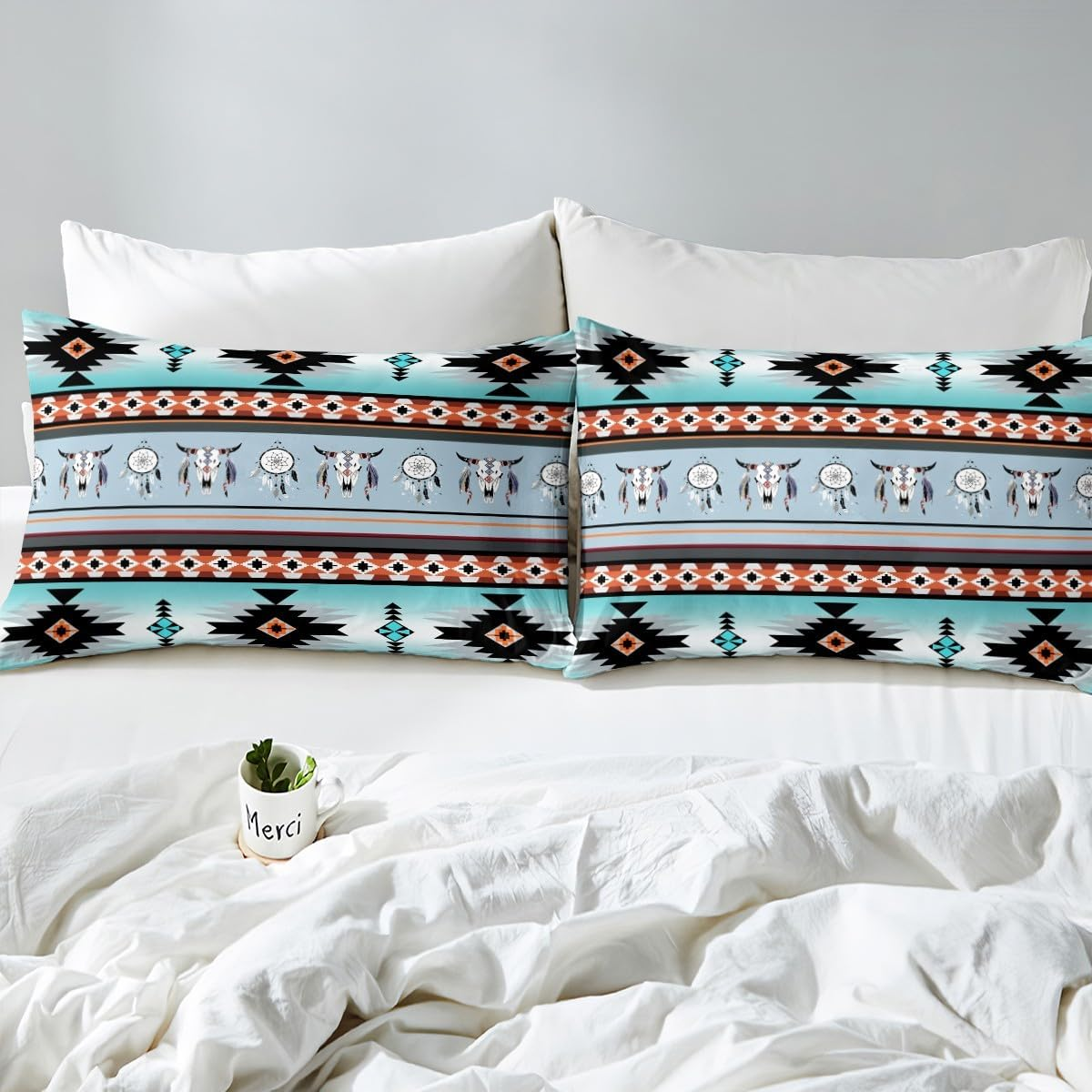 Erosebridal Western Boho Duvet Cover Full,Highland Cow Dream Catcher Comforter Cover Southwestern Bedding Set,Ethnic Tribal Arrow Aztec Bed Set Retro Vintage Exotic Bull Cattle Bohemian Decor image number 3
