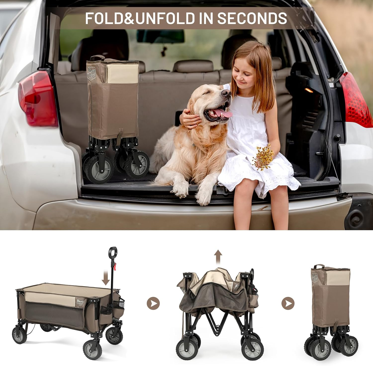 Timber Ridge Collapsible Outdoor Folding Wagon Cart Heavy Duty Camping Patio Shopping Garden Cart with Side Bag Cup Holder, Tan image number 3