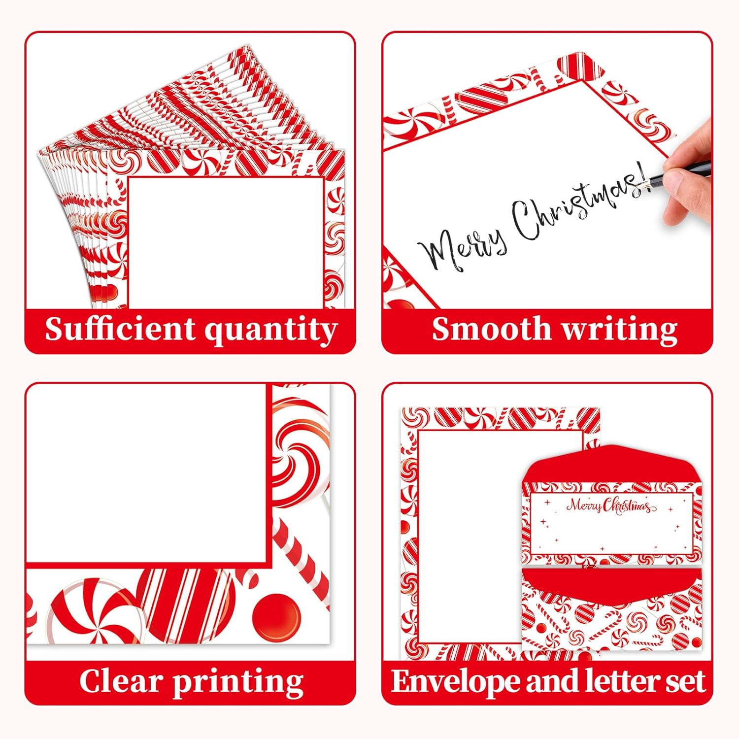 50 Pcs Peppermint Party Letterhead with Envelopes Candy Cane Christmas Border Computer Paper Stationery Paper for Note Letters to Santa Invitations Office School Printing 8.5 X 11 In image number 4
