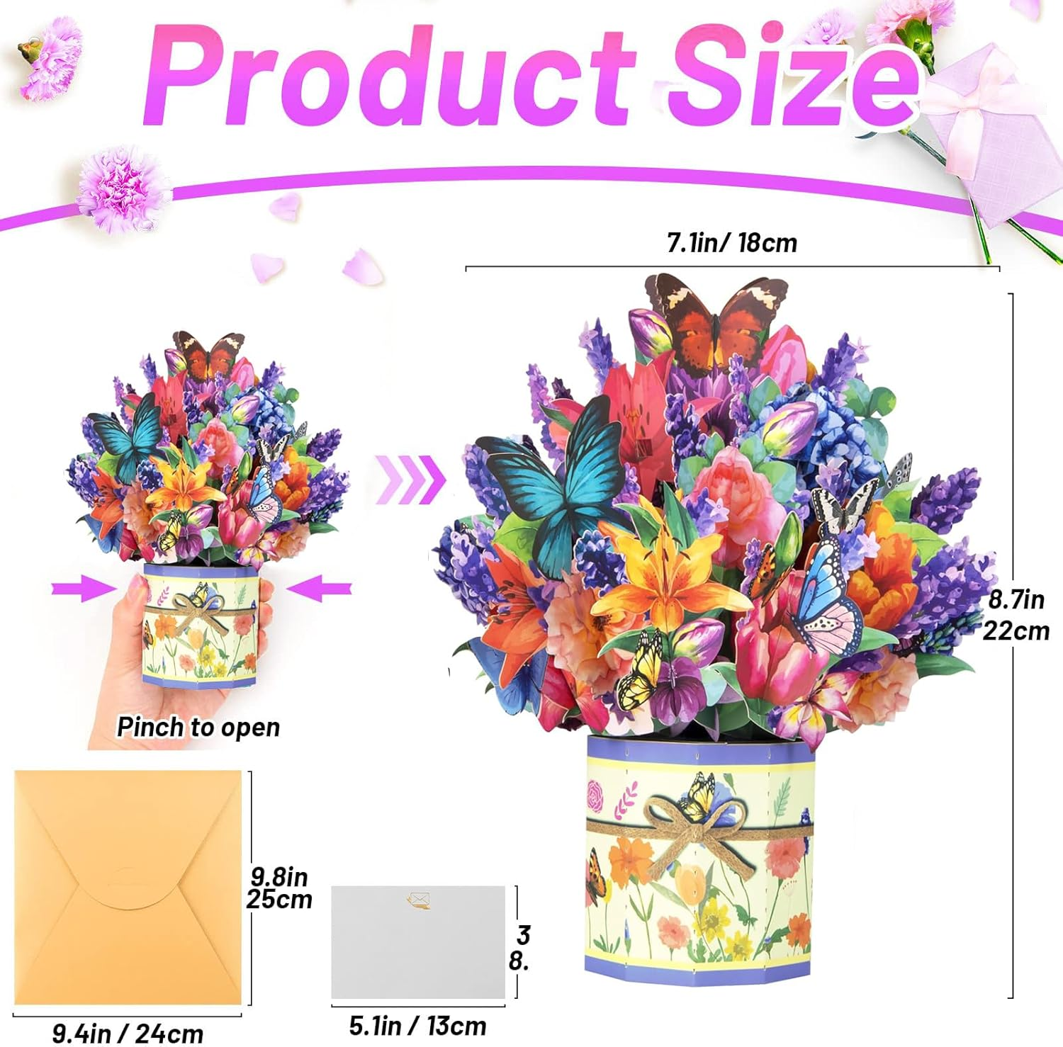 Flower Pop up Card Happy Mothers Day Card 3D Mothers Day Greeting Cards Carnation Flower Bouquet with Note Card and Envelope for Mom Birthday, Anniversary, Mother'S Day (Mixed Flower Butterfly) image number 6