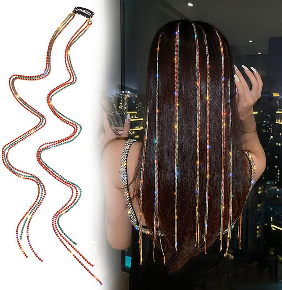 2Pcs Bling Bling Rhinestones Head Chain Hairpin Hair Clip Headdress Jewelry Luxury Long Tassel Bride Ornaments Girls Hair Accessories (Colorful Six Rows)