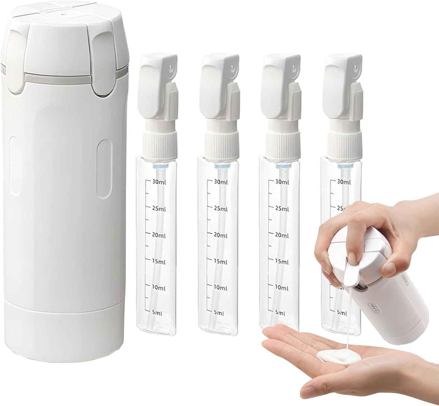 4-In-1 Travel Dispenser Bottle, Refillable Leak-Proof Portable Toiletry Containers for Shampoo, Conditioner, Lotion and Soap, Compact Travel Size Bottle Set (White)