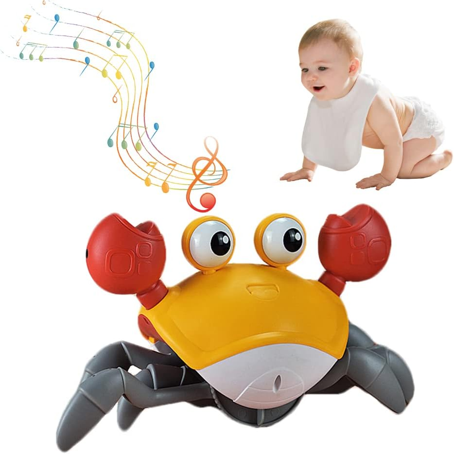 Eacam Crawling Crab Toy with Music & Light, Tummy Time Toys for Babies, Interactive Musical Toy for Toddlers, Automatically Avoid Obstacles, USB Rechargeable